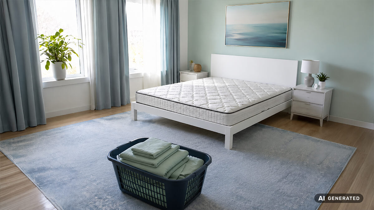 Schlafzimmer mit nicht bezogenem Bett