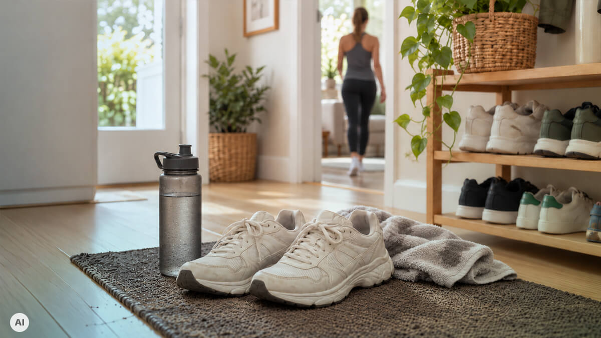 Schuhe und Sportutensilien liegen im Flur