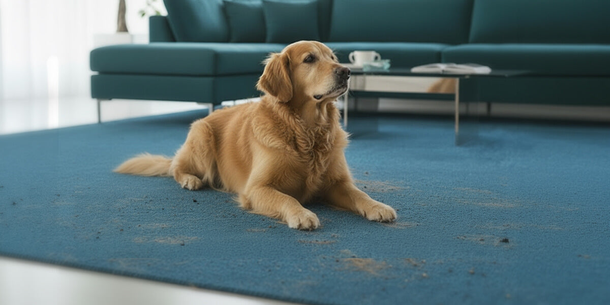Hund sitzt auf dreckigem Wohnzimmerteppich