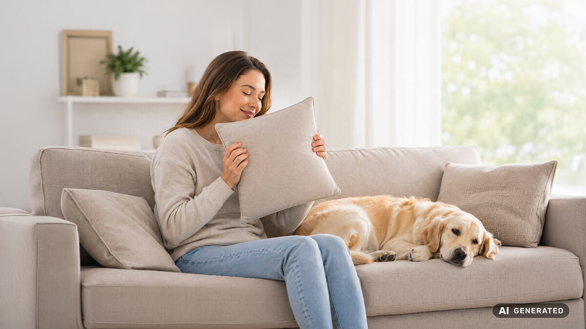 Frau sitzt auf Sofa und riecht an das Kissen