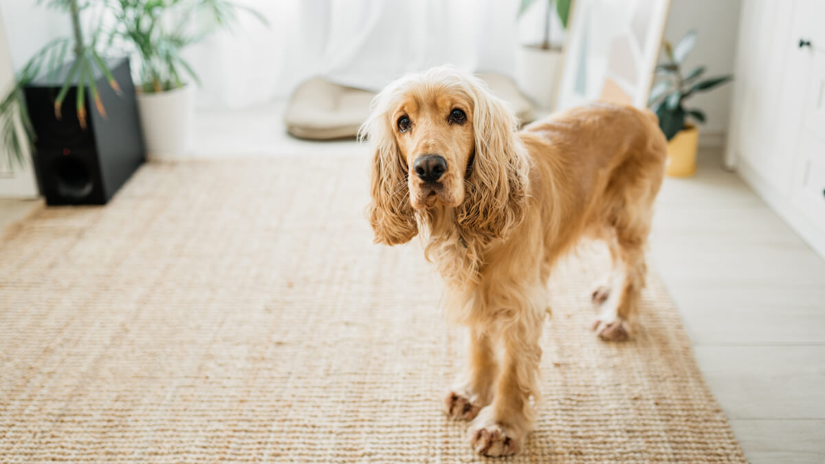 Hund steht auf Teppich in Whnung