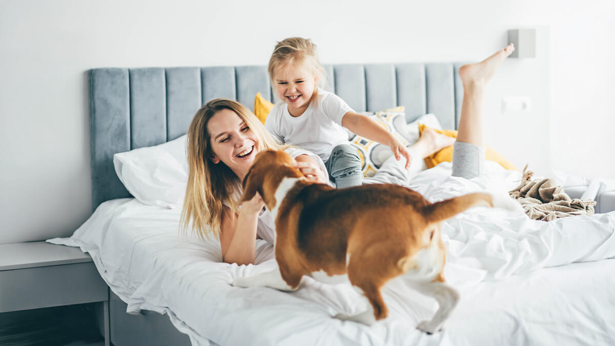 Mutter mit Kind und Hund im Bett