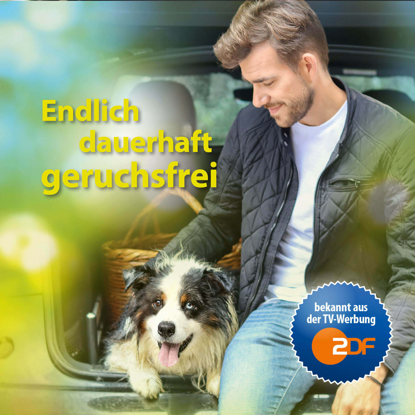 Mann sitz mit Hund im Kofferraum - Endlich dauerhaft geruchsfrei - Bactador bekannt aus TV-Werbung ZDF