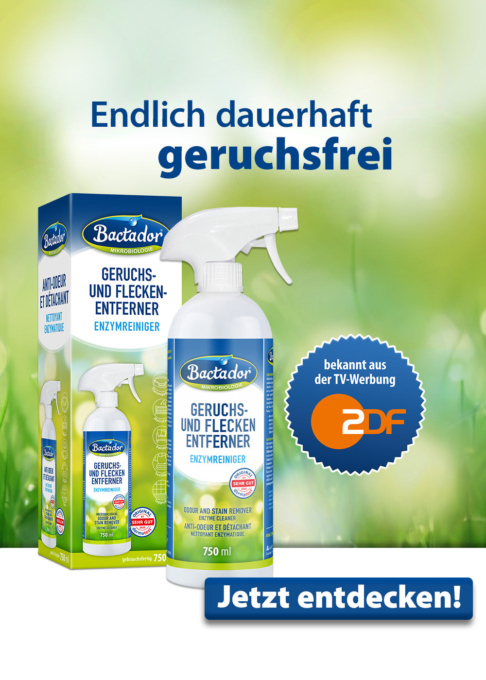 Bactador Enzymreiniger Flasche und Faltschachtel - bekannt aus der TV Werbung ZDF - CTA jetzt entdecken