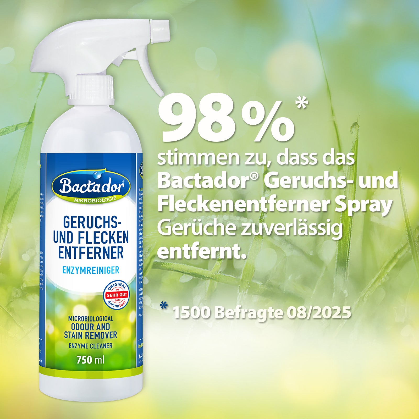 98% stimmen zu, dass das Bactador Geruchs und Fleckenentferner Spray Gerüche zuverlässig entfernt