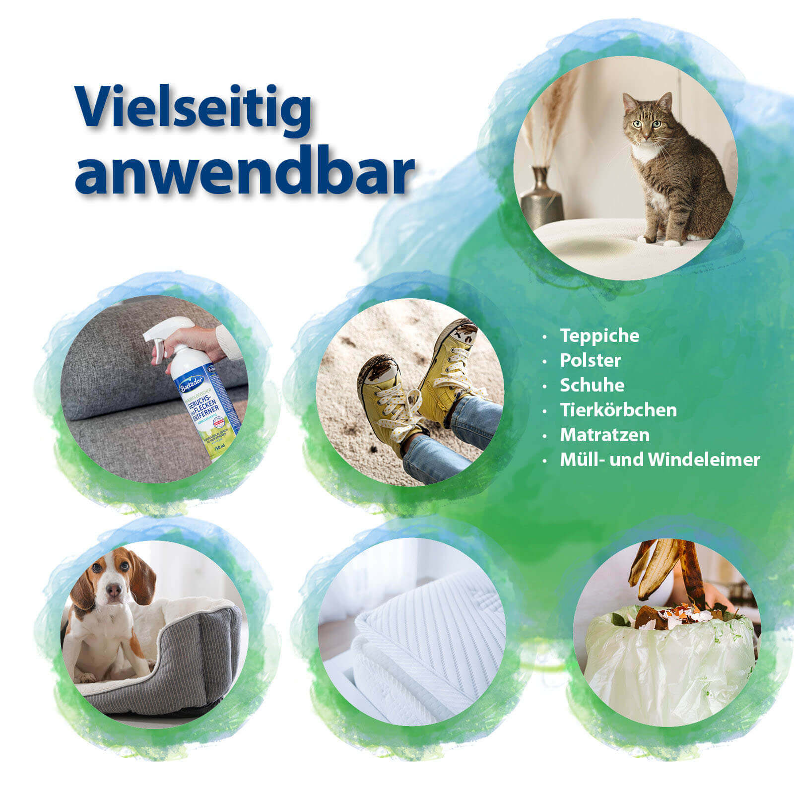 Bactador Spray ist vielseitig anwendbar für Teppiche, Polster, Schuhe, Tierkörbchen, Matratzen und Müll- und Windeleimer