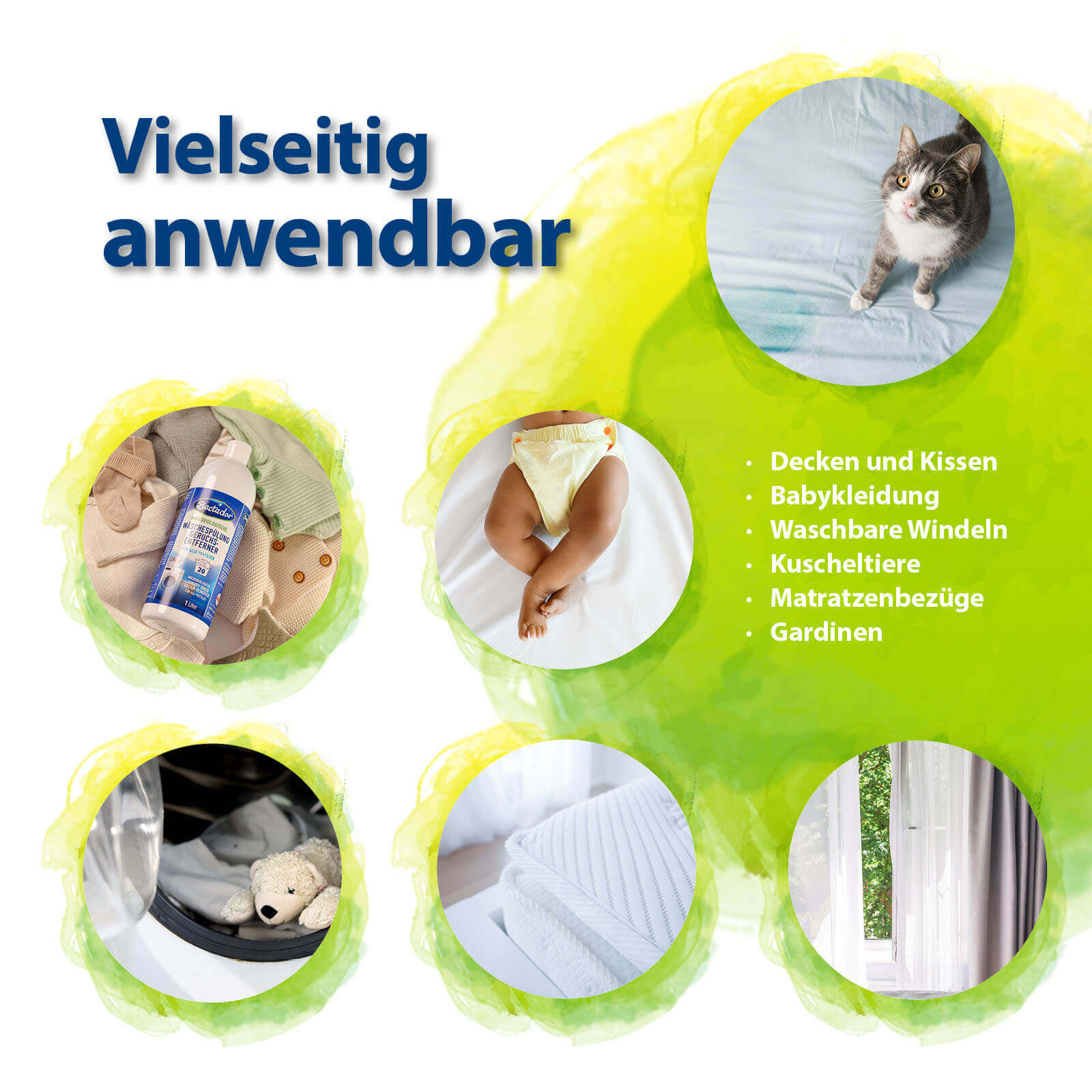 Bactador Wäschespülung ist vielseitig anwendbar für Decken, Kissen, Babykleidung, Waschbare Windeln, Kuscheltiere, Matratzenbezüge, Gardinen