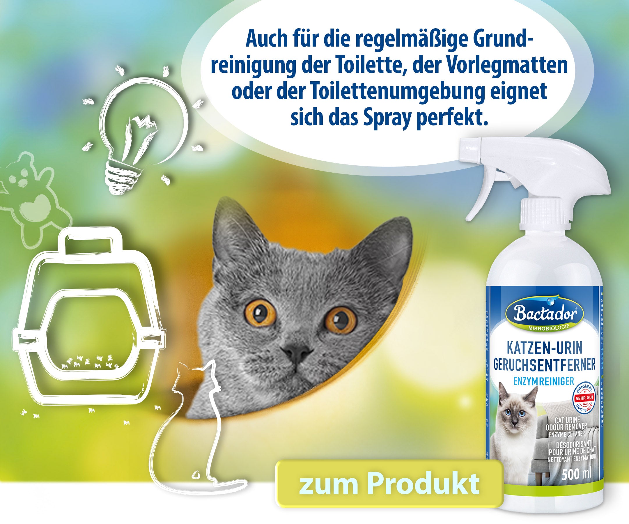 Katze schaut aus Versteck heraus. Icons Katzentoilette, Spielzeug , Katze und Glühbirne - Text Auch für die regelmäßige Grundreinigung der Toilette, der Vorlegmatten oder der Toilettenumgebung eignet sich das Spray perfekt - Buttontext zum PRodukt