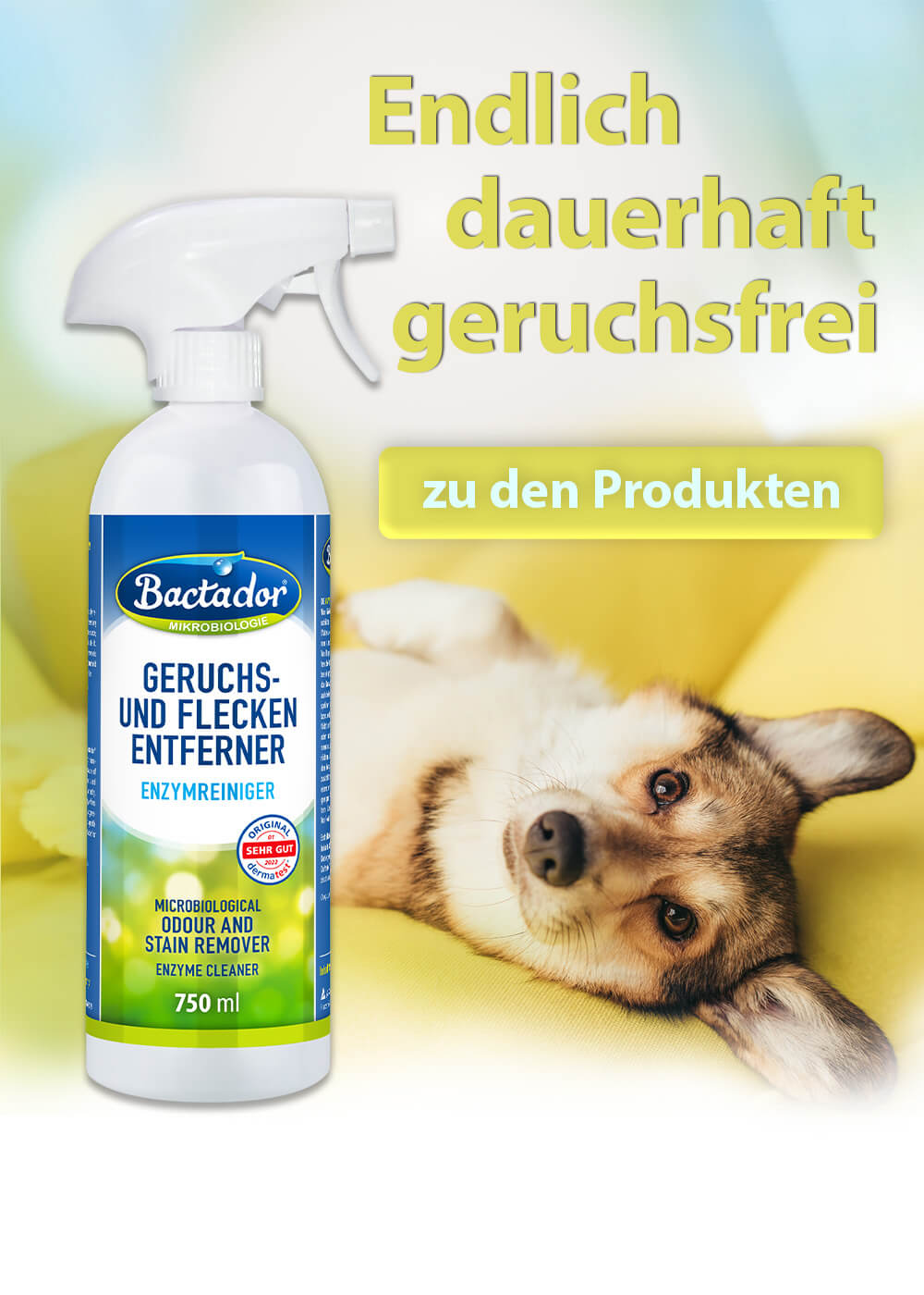 Hund liegt auf gelber Couch - links Bactador Geruchs- und Fleckenentfernerflasche - Buttontext zu den Produkten