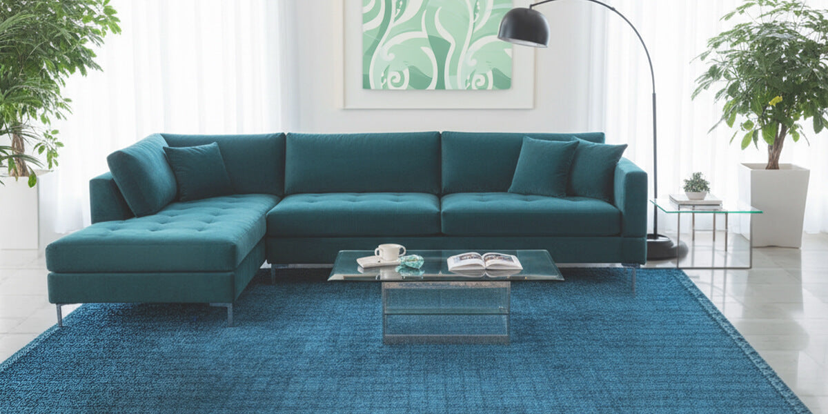 Blaues Sofa in hellem Wohnzimmer