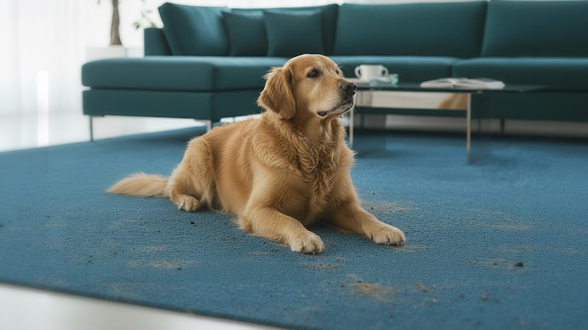 Hund liegt auf dreckigem Teppich