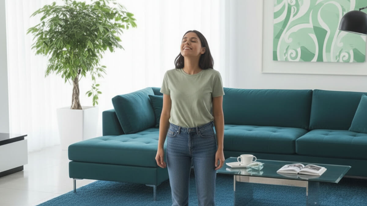 Frau vorm Sofa