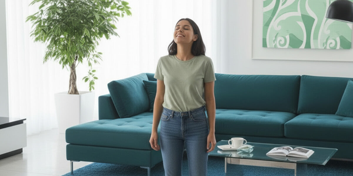 Frau steht im Wohnzimmer und atmet tief ein