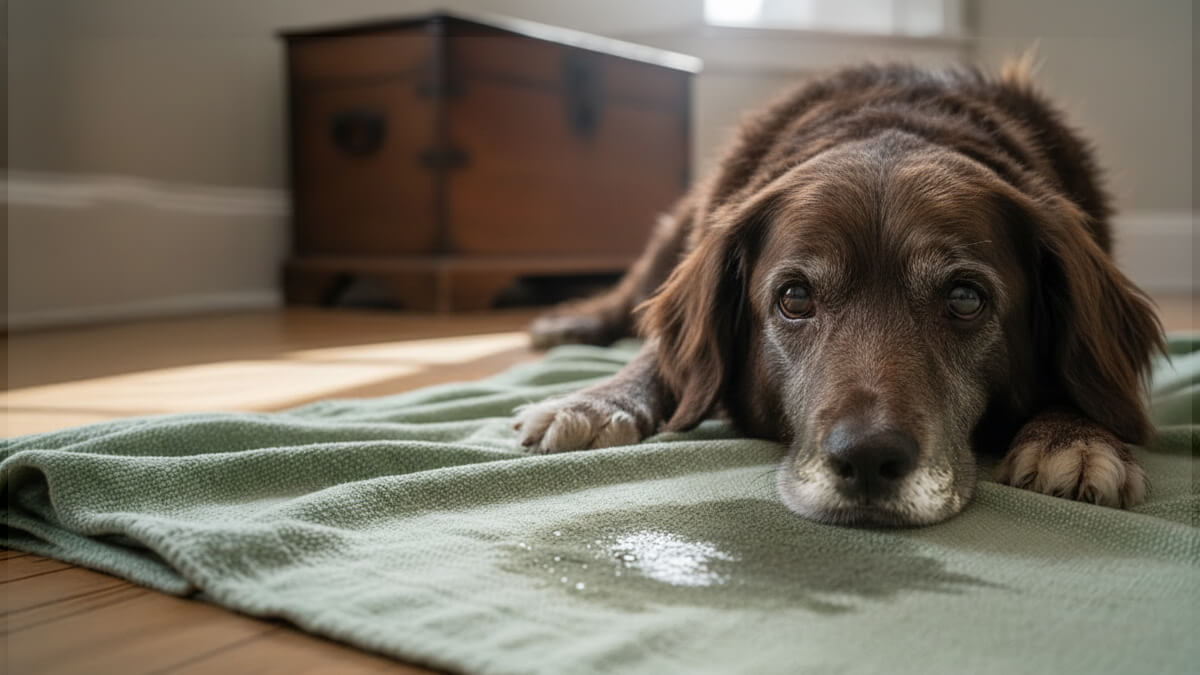 Hund liegt auf Decke mit Urinfleck