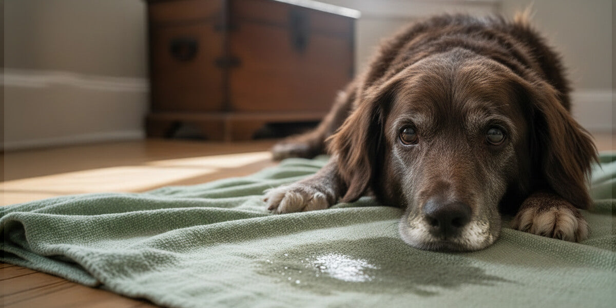 Hund liegt auf einer Decke mit einem Urinfleck