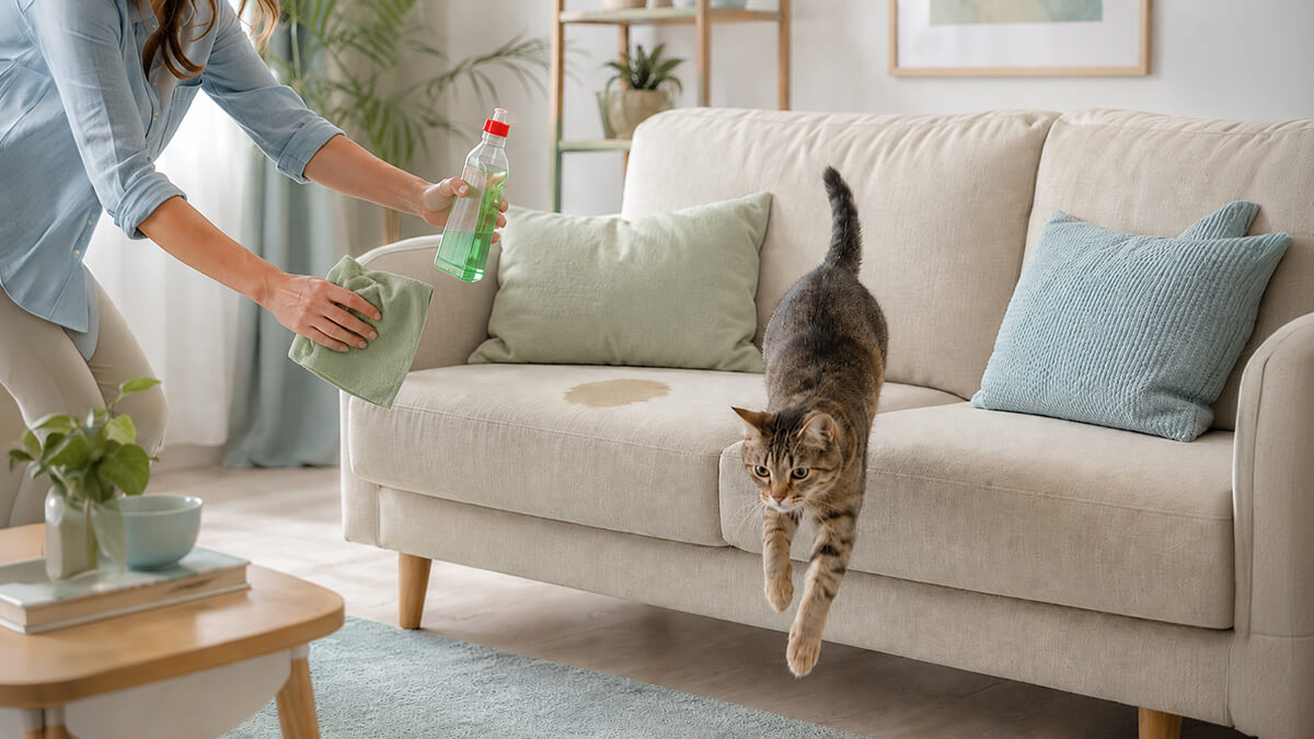 Katze hat aufs Sofa gepinkelt und Frau macht Fleck sauber