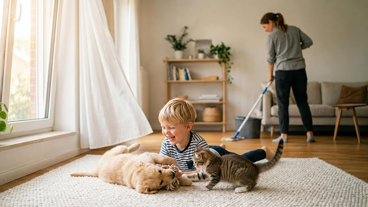 Kind spielt im Wohnzimmer mit Hund und Katze