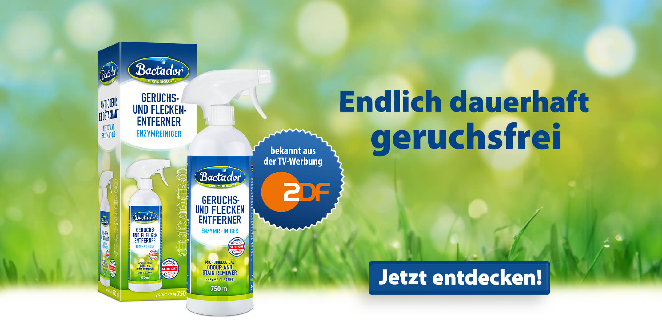Bactador Enzymreiniger Flasche und Faltschachtel - bekannt aus der TV Werbung ZDF - CTA jetzt entdecken