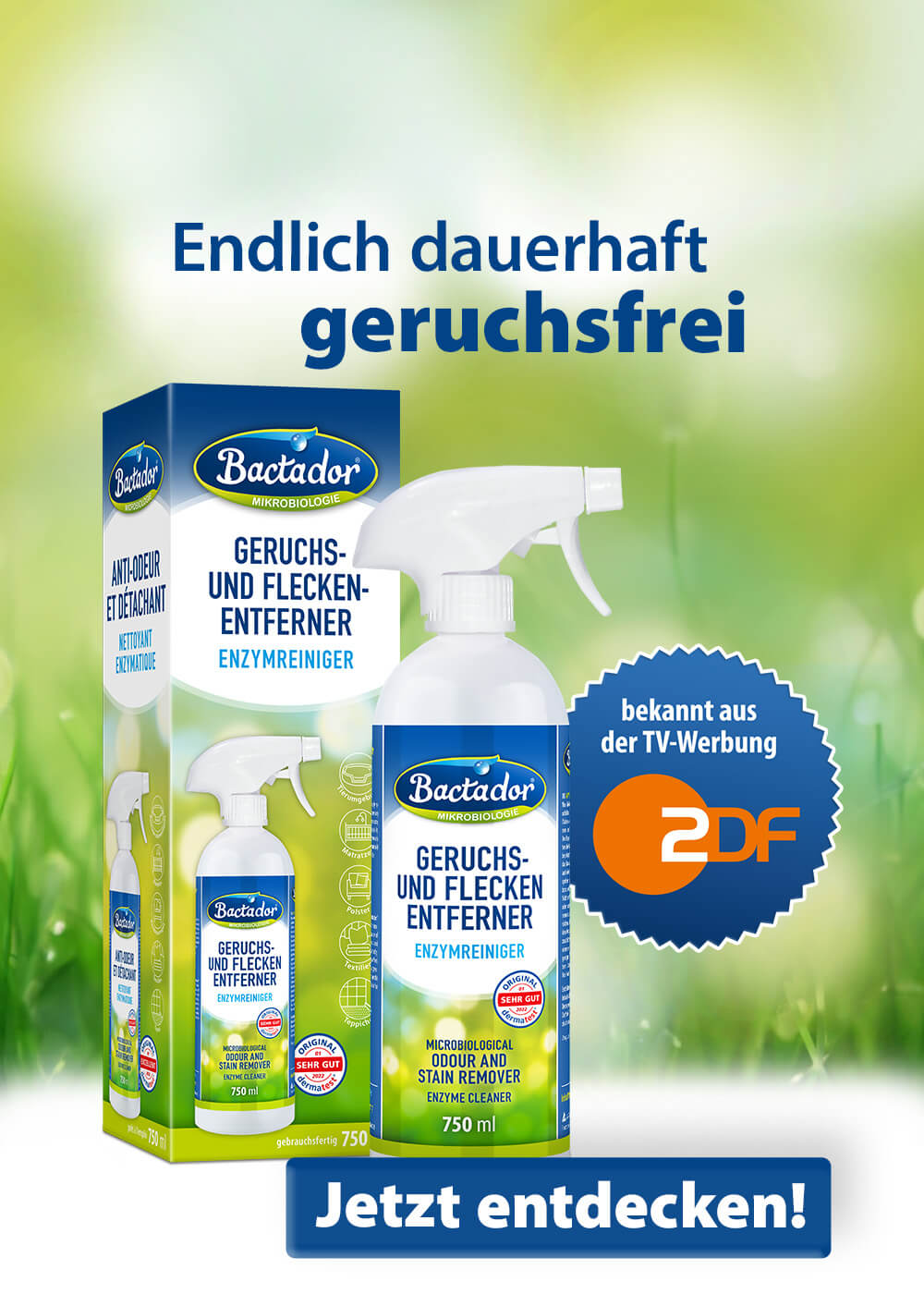 Bactador Enzymreiniger Flasche und Faltschachtel - bekannt aus der TV Werbung ZDF - CTA jetzt entdecken