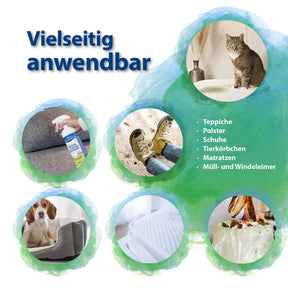 Bactador Spray ist vielseitig anwendbar für Teppiche, Polster, Schuhe, Tierkörbchen, Matratzen und Müll- und Windeleimer