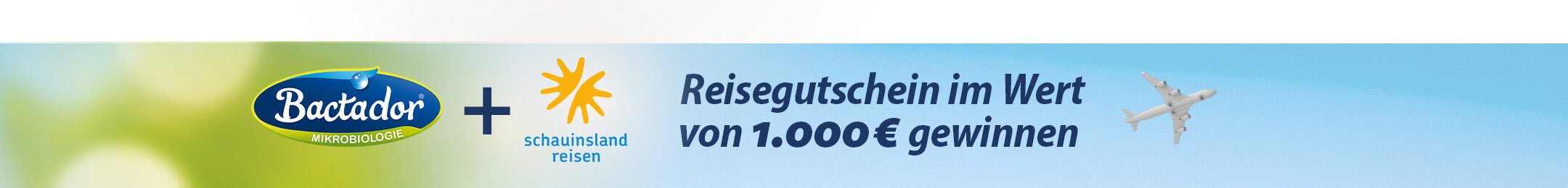 Bactador Logo- schauinsland reisen Logo-Text Resiegutschein im Wertvon 1000 Euro gewinnen - startendes Flugzeug 